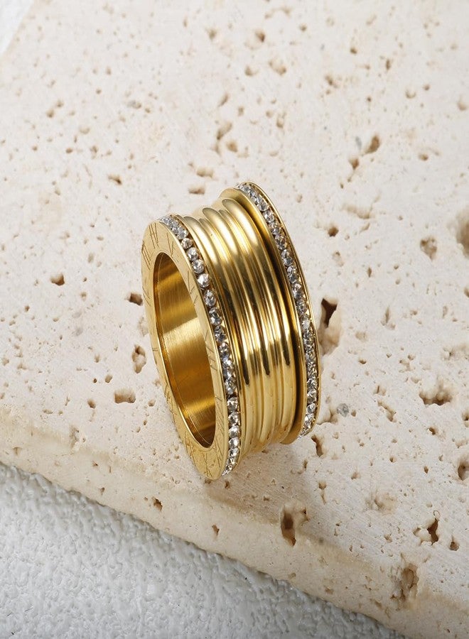 BlingNook Chunky Gold Rings For Women, Trendy Silver Stainless Steel Ring Thumb Stackable Cubic Zirconia Statement Non Tarnish Engagement Couples Jewelry Promise Gift (Gold White, 7) - Image 3